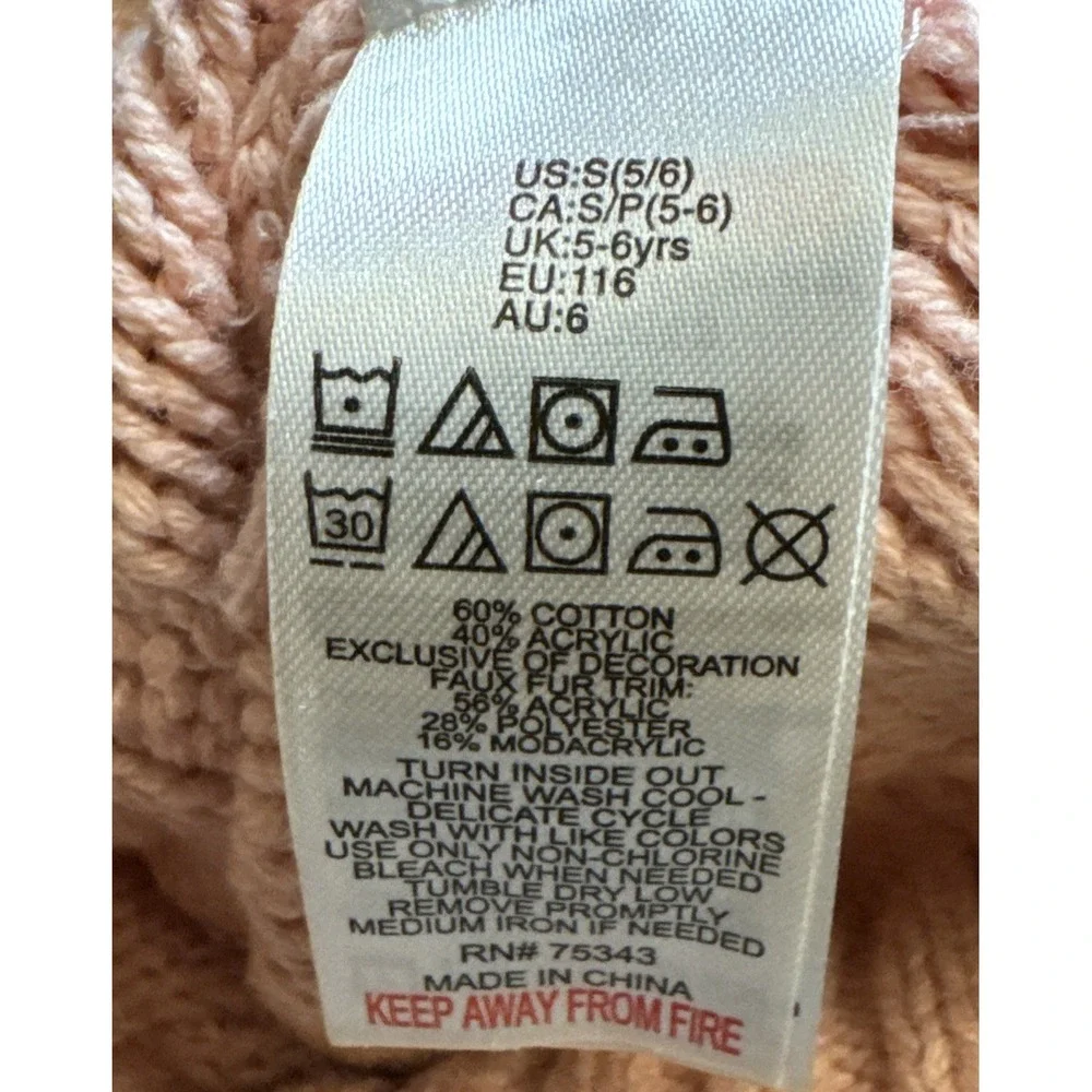 Gap Kids Girls Pink Cable Knit Beanie Faux Fur Pom Pom Hat Size S 5-6 Years‎